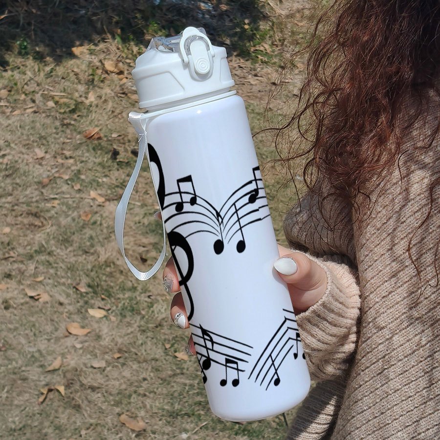 TEMU 1pc 25oz 750ml 2d Printed Plastic Water Bottle Cup, Flip Spout Lid With Straw, Detachable Carry Strap Black Musical Notes And Treble Clef