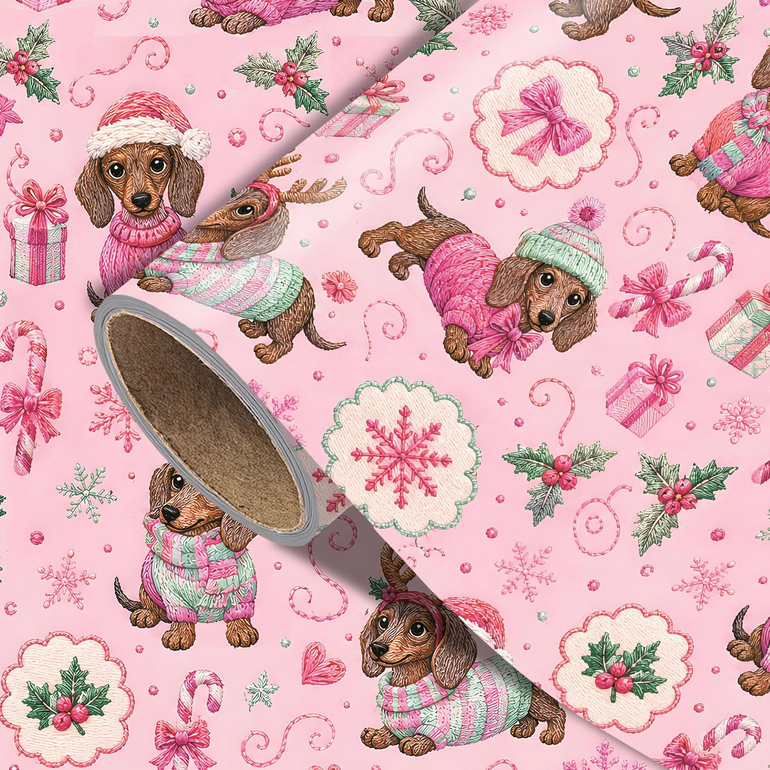 TEMU Pink Christmas Wrapping Paper Roll - Measures 17.7 Inches X 118 Inches, Cute Dachshund Dog Santa Hat Knitted Sweater Print, Perfect For Wrapping