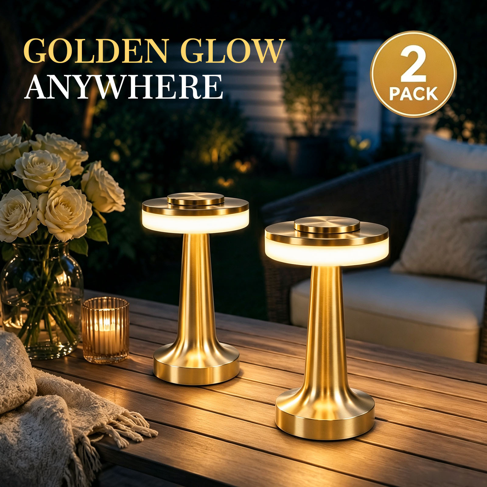 TEMU 2 Pack Wireless Golden Desk Lamp, Touch Dimmable Warm Led Portable Table Lamp, Battery Operated Lamp For Patio Bedroom Wedding Dinner Decor