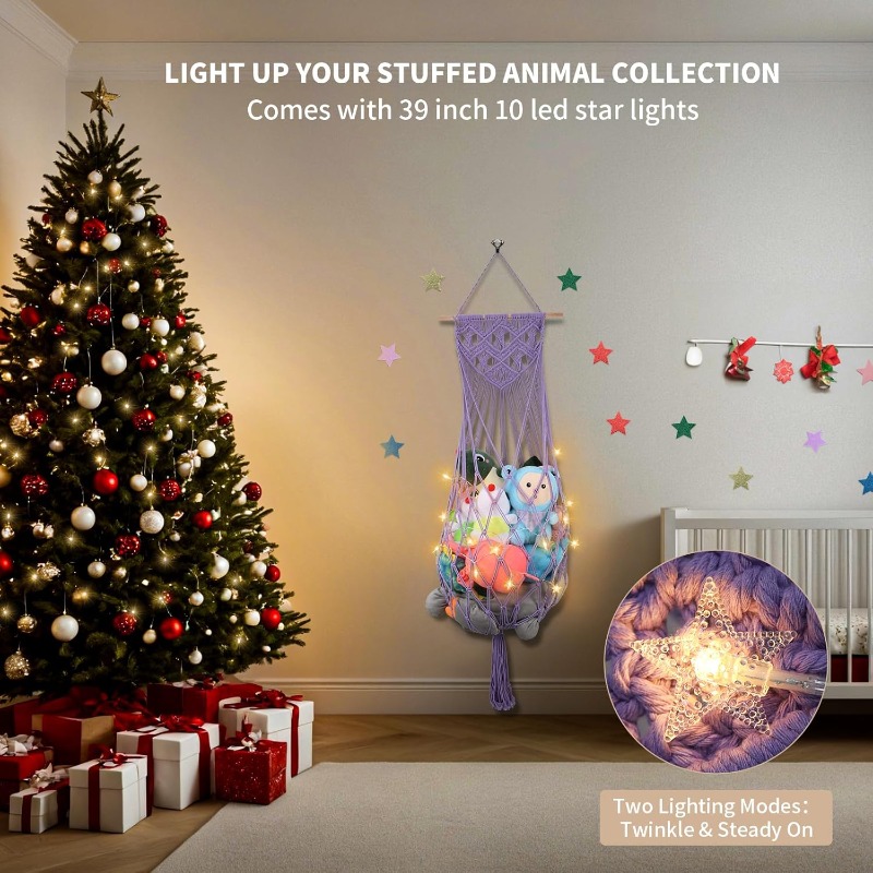 63 inch jumbo stuffed animal hammock corner with macrame ceiling wall mounted organizer light   storage net with string lights soft mesh for nursery playroom decor space saving toys display holds teddy   stuffed animals     stuffed animal holder stuffed animal storage   handmade look room   hammock for bedroom hammock chair toy net hammock stuffed animal storage hammock teddy bear hammock toy hammock Product details 2