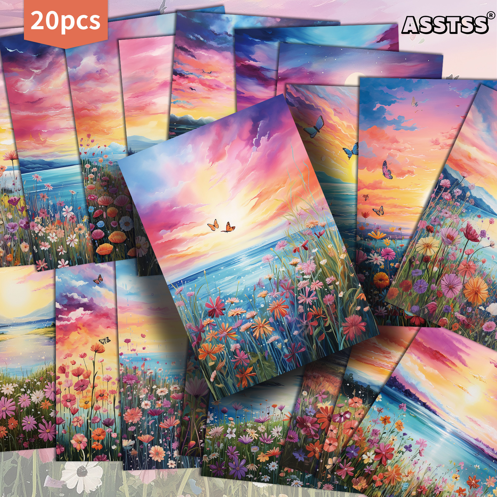 TEMU 20er-Pack ASSTSS Traumhafte Aquarellblumen-Sonnenuntergangs-Landschafts-Geschenkkarten - 4x6 Zoll Junk Journal Papier Klassische -Illustrationen
