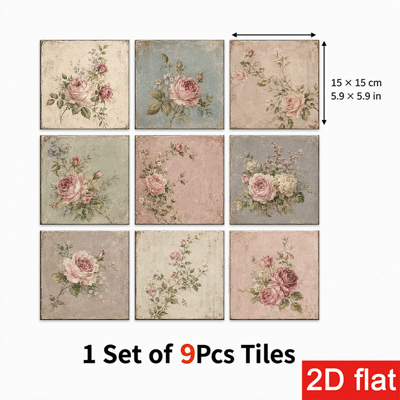 TEMU 2D Flache 9-teilige 15X15Cm (5.9X5.9In) Schieferfliesen Aufkleber - Blumenmuster Dekor für Küchenrückwand, Kaffee-Ecke, Badezimmerwand -