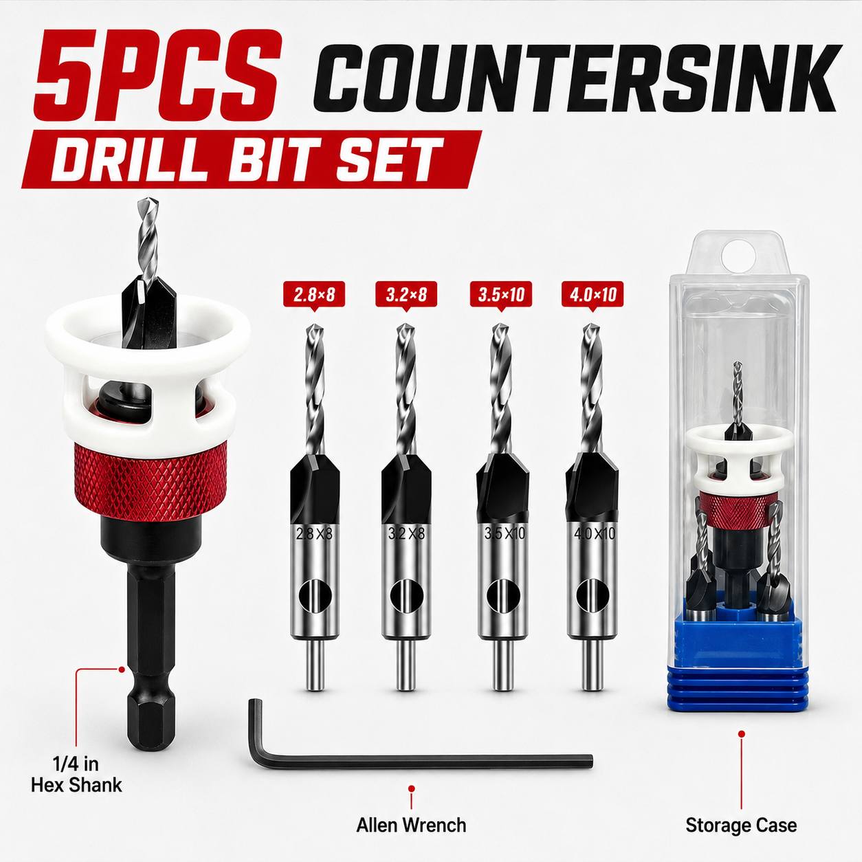 TEMU Countersink Drill Bit Set, 5pcs 4-slot Hss M2 Tapered Drill Bits And Adjustable Depth Stop Collar, Wooden Handle Countersink With Wrench,
