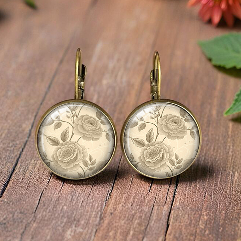 TEMU Boucles d'oreilles rondes en verre illustrées de branches et feuilles de roses de style , bijou de mode, cadeau