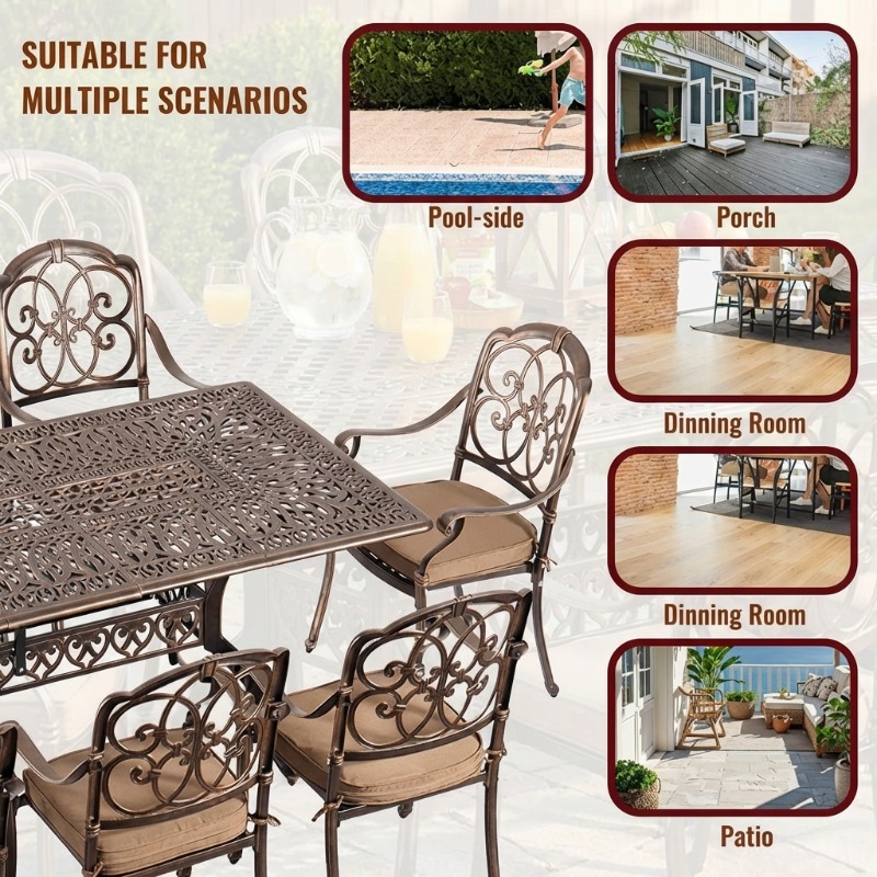 9pcs Cast Aluminum Outdoor Patio Dining Set - Ornate Scrollwork Design, Weather-Resistant Rust-Proof Frame, Square Table & 6 Cushioned Chairs, Suitable for Garden, Backyard & Poolside