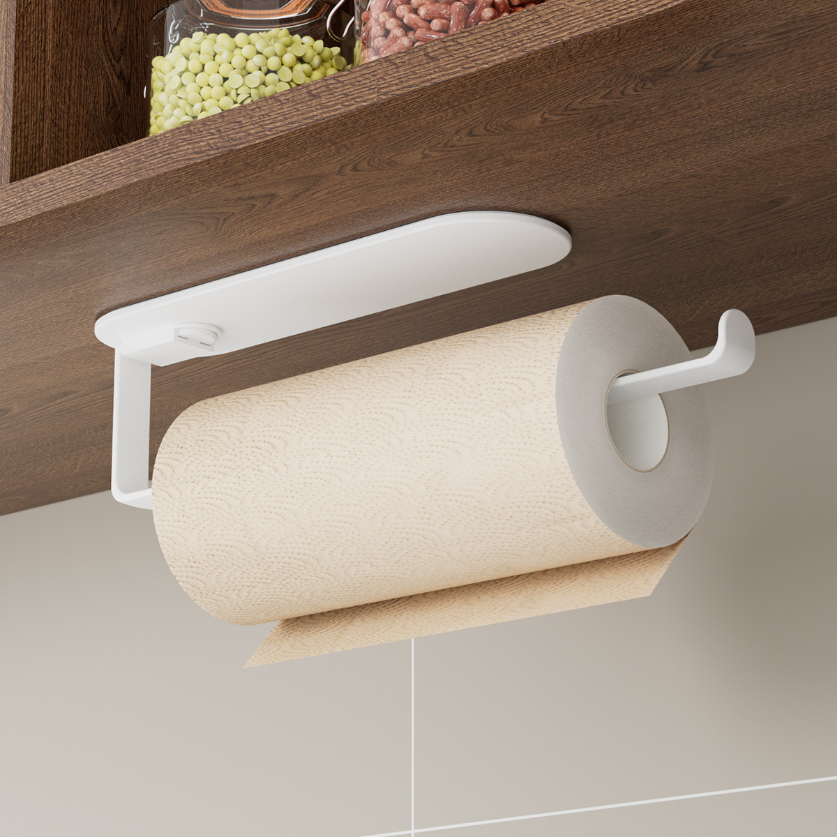 TEMU Portatoallas de papel de base redonda de estilo moderno; soporte colgante para debajo del gabinete sin taladro para toallas de papel y film