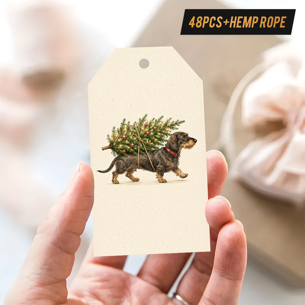 TEMU 48pcs Christmas Related Gift Tags With , About Wirehaired Dog Carrying Decorated Pine Tree Light Beige Speckle Background Watercolor Painting