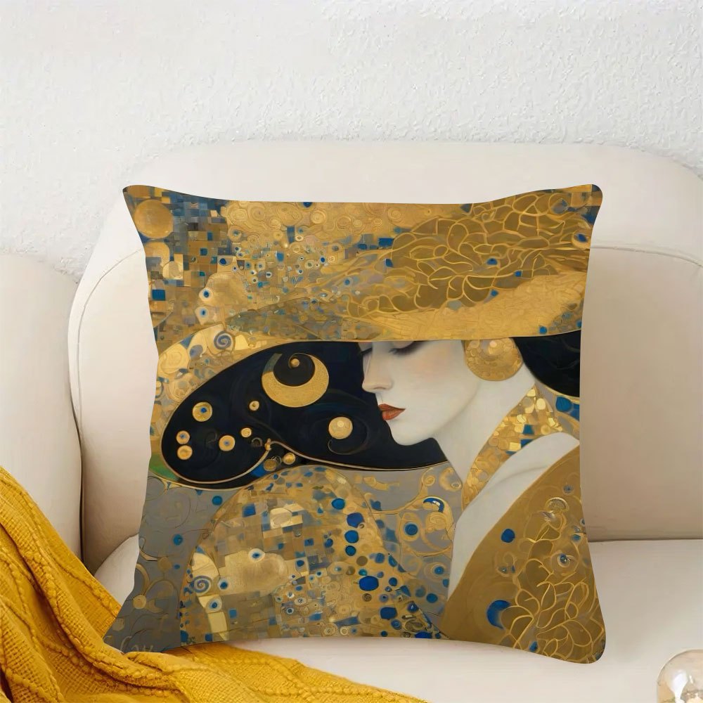 

1pc Klimt-inspired Contemporary Throw Pillow Cover, 18x18 Inches, Soft Short Plush Polyester, Machine Washable, Zippered For Sofa And Bed Decor -