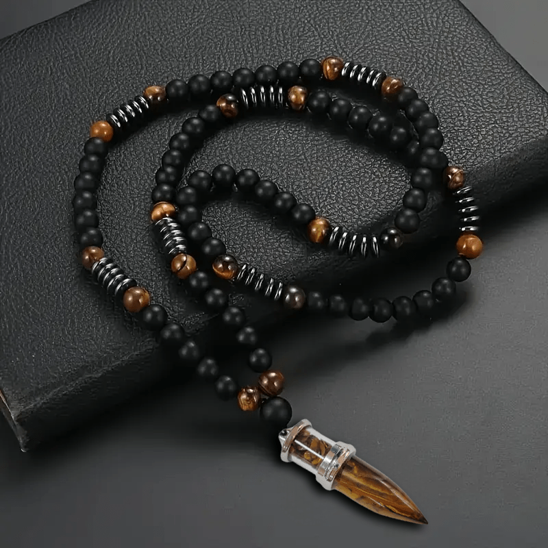 

1pc Bohemian Tiger Eye & Black Beaded Natural Stone Necklace With Cone Accent - Elegant, Multi- Accessory, Ideal Gift For Christmas & Halloween, Tiger Eye Jewelry