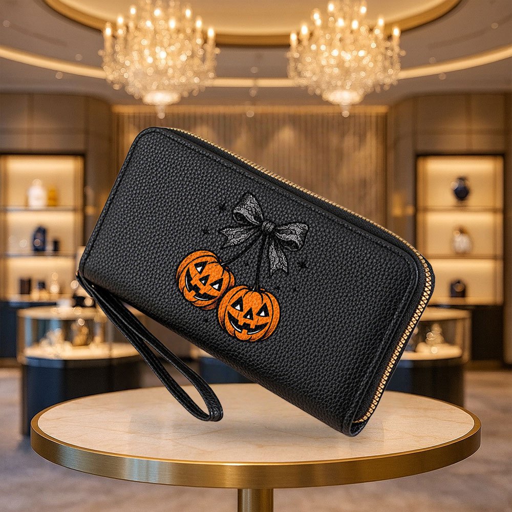 TEMU Unisex Large Capacity Zippered Wallet With Pumpkin Cherries Design, Zip Closure For Cash, Cards, And Keys, Perfect Gift For Valentine's Day,