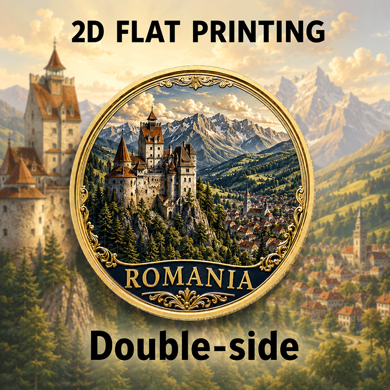 TEMU Replica Coin 2d Double-sided Commemorative Coin, 1pc, Country Travel Souvenir Coin, Romania, Castle Design, Collectible Keepsake Gift, Travel