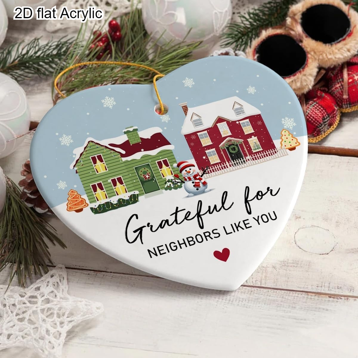 TEMU 2d Flat, 1 Heart-shaped Acrylic Neighbor Christmas Ornament - "thankful Neighbor" Gift, And Snowman Design, Suitable For Trees,