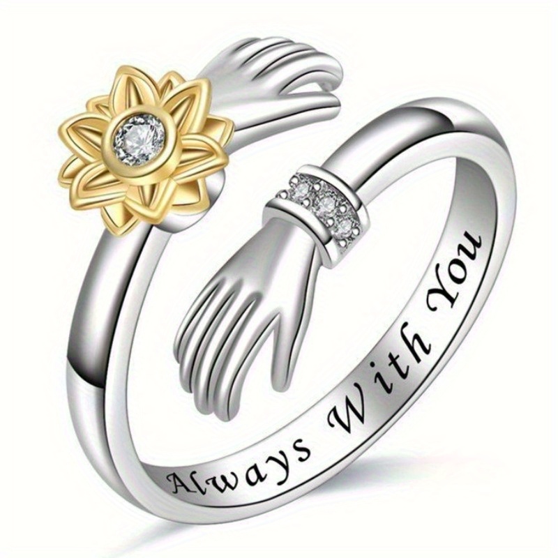 Unique Embrace With Hands Inlay Synthetic Zirconia For Women Men Party Casual Sunflower Ring
