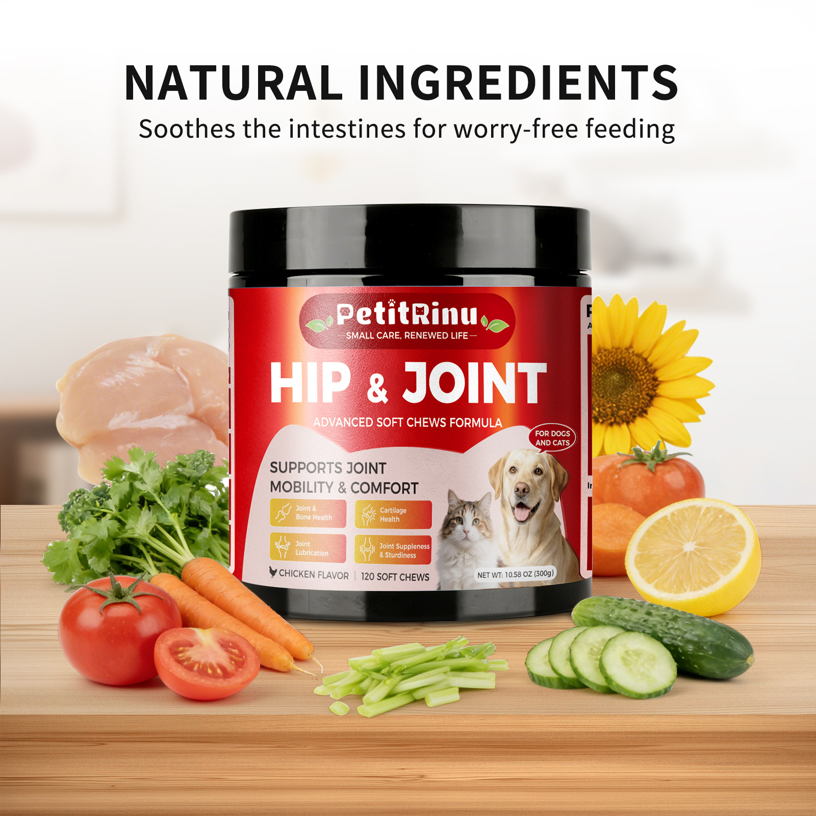 PETITRINU Joint Supplement for Dogs and Cats - Advanced Soft Chews with Glucosamine & Chondroitin - Supports Mobility, Flexibility & Cartilage Health - Chicken Flavor, 120 Count