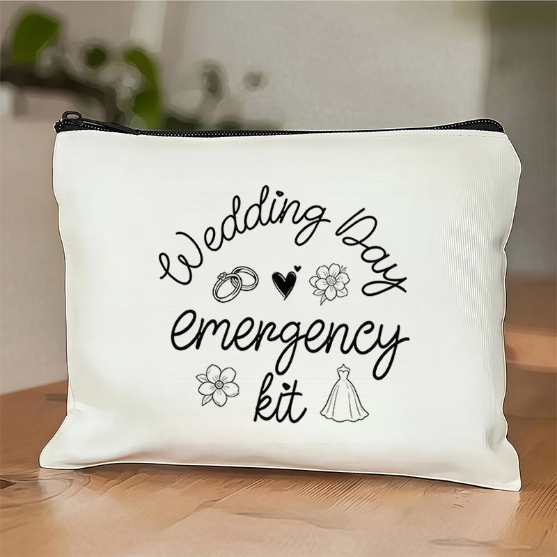 TEMU 1 pièce Trousse de maquillage "Kit d'urgence de mariage" avec imprimé bague et robe de mariée de la mariée, Pochette de rangement simple sur le