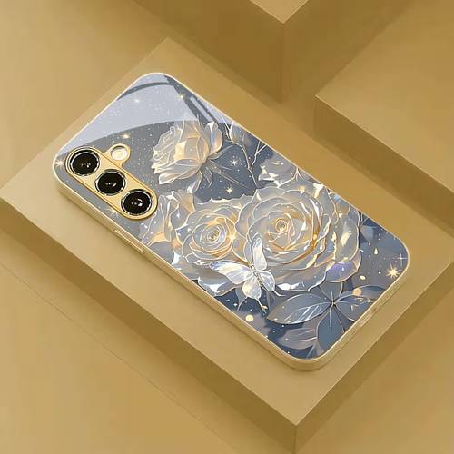 휴대폰 케이스 - 화이트 로즈 & 나비 프린트 삼성 갤럭시 s9+/s10/s20+/s20 울트라/s21 5g/s21+/s22/s23 플러스/s24 플러스/s25/s25 엣지/노트 9/노트 10/노트 10+/노트 20/노트 20 울트라/미끄럼 방지 강화 유리 보호 케이스