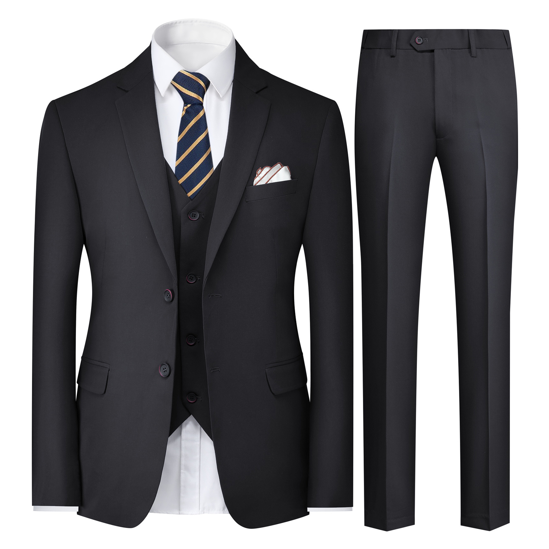 

Men' Color Two- Business Suit -piece Set, Suit Jacket + Vest + Pants, Free Scarf, Random Color