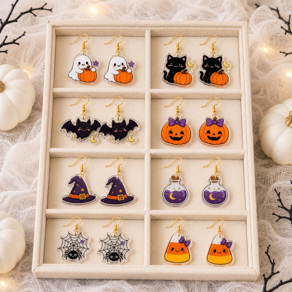 TEMU 16pcs/8 Pairs, Halloween-themed, Featuring Black Cat, Bat, Pumpkin, And Spiderweb Patterns, A Stylish And Cute Women's Earring Set. Suitable For