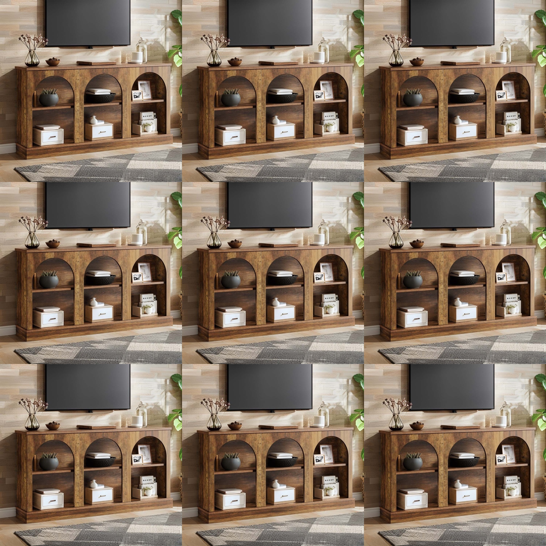 Image of 63-inch Farmhouse Console Table, 3-tier Rustic Wooden Entryway Sofa Table With Large Storage Shelves, Rectangular Hallway And Living Room Table For Christmas Holiday Gathering, Brown