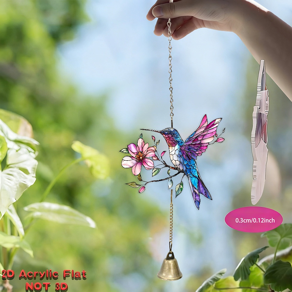 TEMU 2d Flat Printed Hummingbird Painted Acrylic Wind Chime Hanging Ornament, Vintage Floral Feather Animal Hanging Decoration, Garden Window Scene
