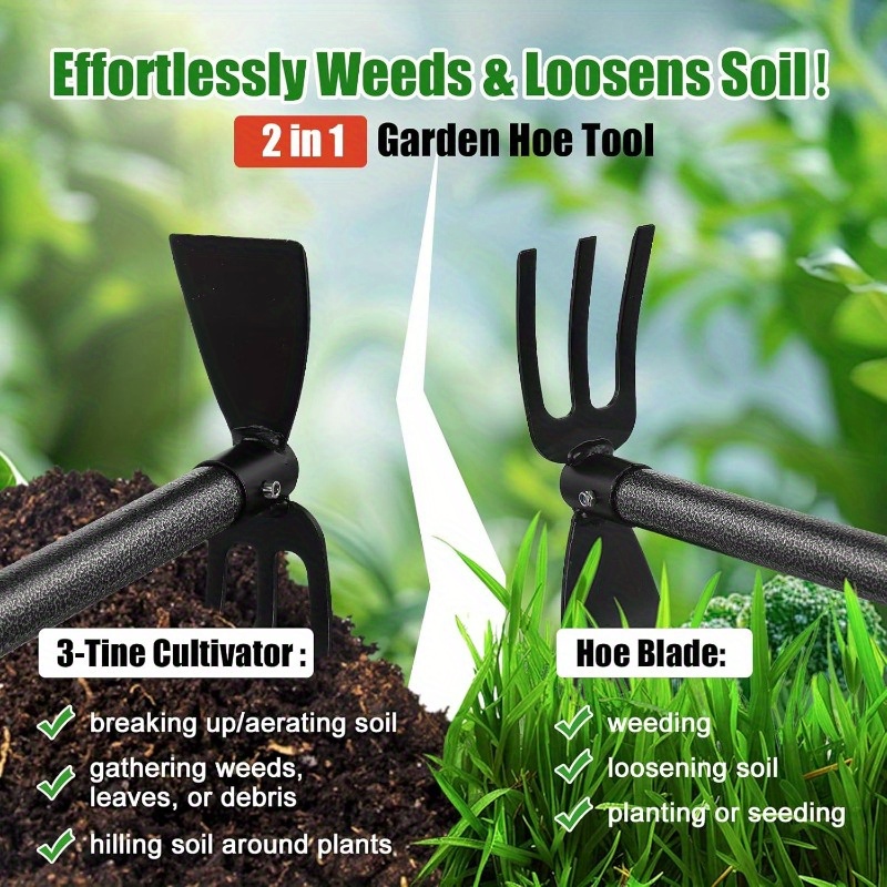 2 in 1 garden hoe with cultivator rake weeder heavy duty rust resistant carbon steel adjustable 30 45 long handle for weeding soil prep in raised beds backyards greenhouse   quick assembly space saving storage outdoor gardening dualfunction tool reinforced construction 2
