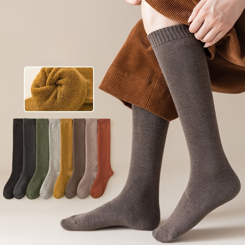 

4 Pairs Women's Cozy Winter Socks - Soft Polyester And Spandex , Solid Brown, Gray, Green, , Cold Weather