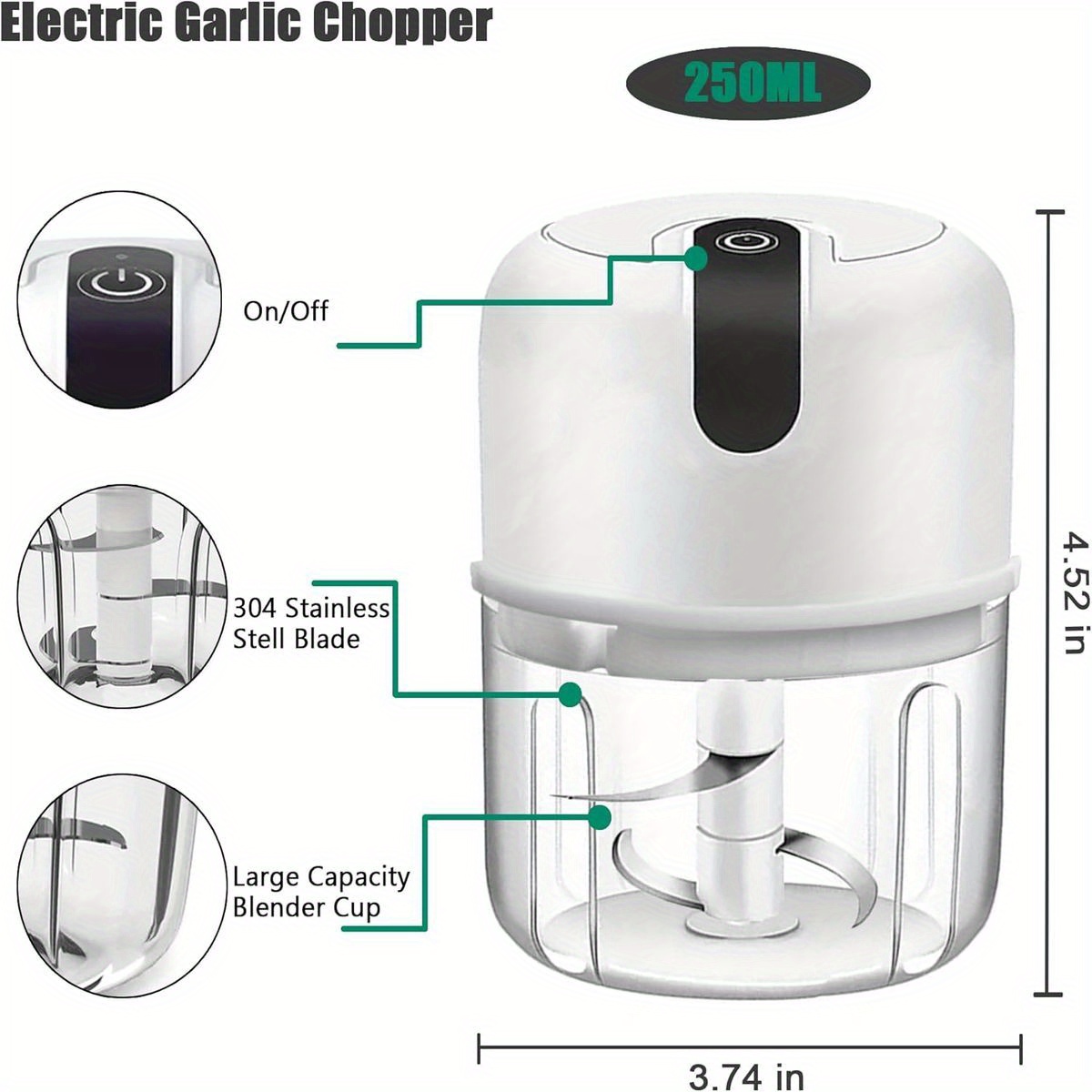 8.45oz electric garlic chopper, compact   chopper, garlic grinder and masher, onion chopper, blender for vegetables, cordless food processor for ginger, chili, fruits, meat, and more. Product details 4