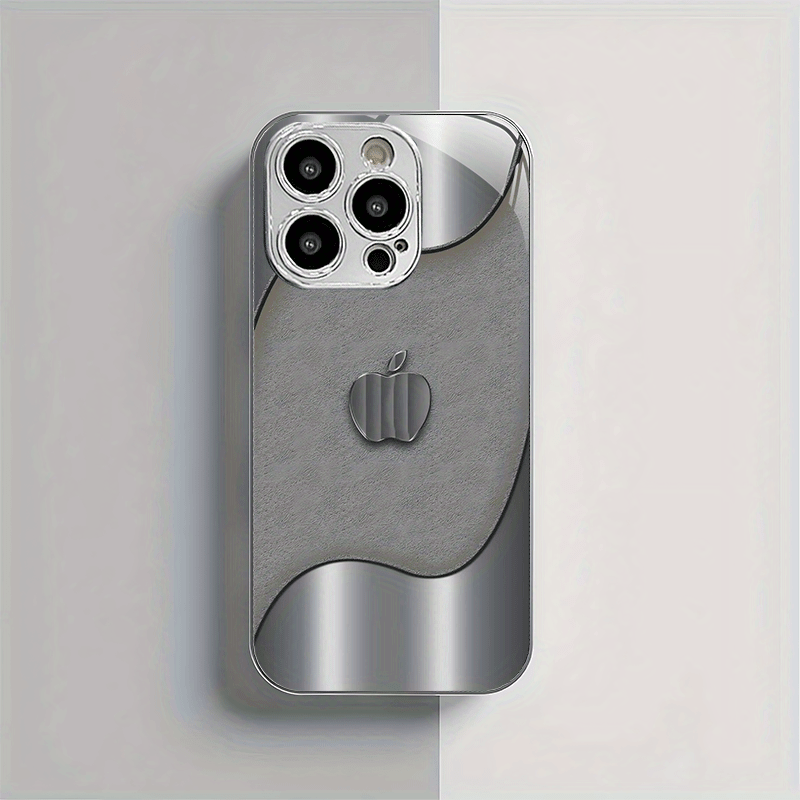 Simple Business Personality Trend Cute Electroplated Silver Metal Texture Simple Apple Pattern Electroplated Silver Glass Phone Case Suitable for Iphone16, 16Plus, 16Pro, 16Promax, for Iphone 15, 15Plus, 15Pro, 15Promax, 14, 14Plus, 14Pro, 14Promax, 13, 13Pro, 13Promax, 12, 12Pro, 12Promax, 11, 11, 11Pro Max, Full Coverage Reinforced Glass Protective Cover, Mobile Phone