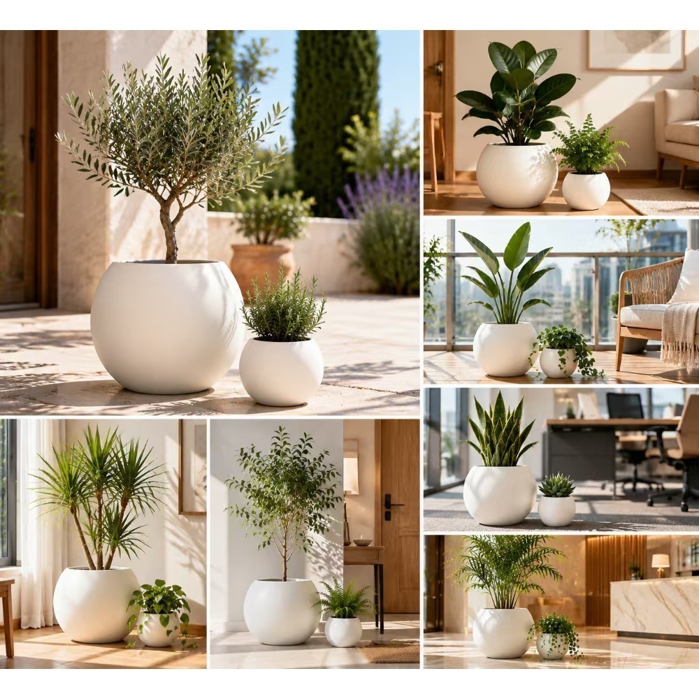 2pcs Set of Light Luxury Matte White Spherical Floor Planters, American Vintage Style for High-End Clubhouse and Villa Interior Soft Decor, Suitable for Indoor and Outdoor Use, Large Potted Plants for Living Rooms/Entryways/Offices