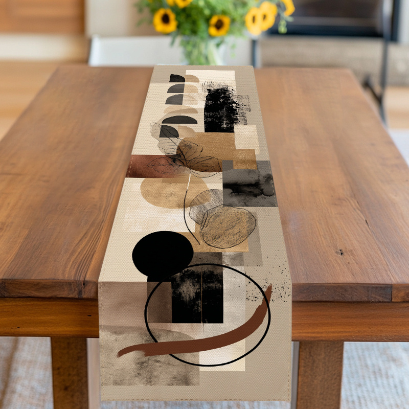 TEMU Runner da Tavolo, Copritavolo, Design Geometrico Astratto e Motivo a Foglie con Elementi Artistici Moderni, Tonalit� Terrose, per Capodanno, San