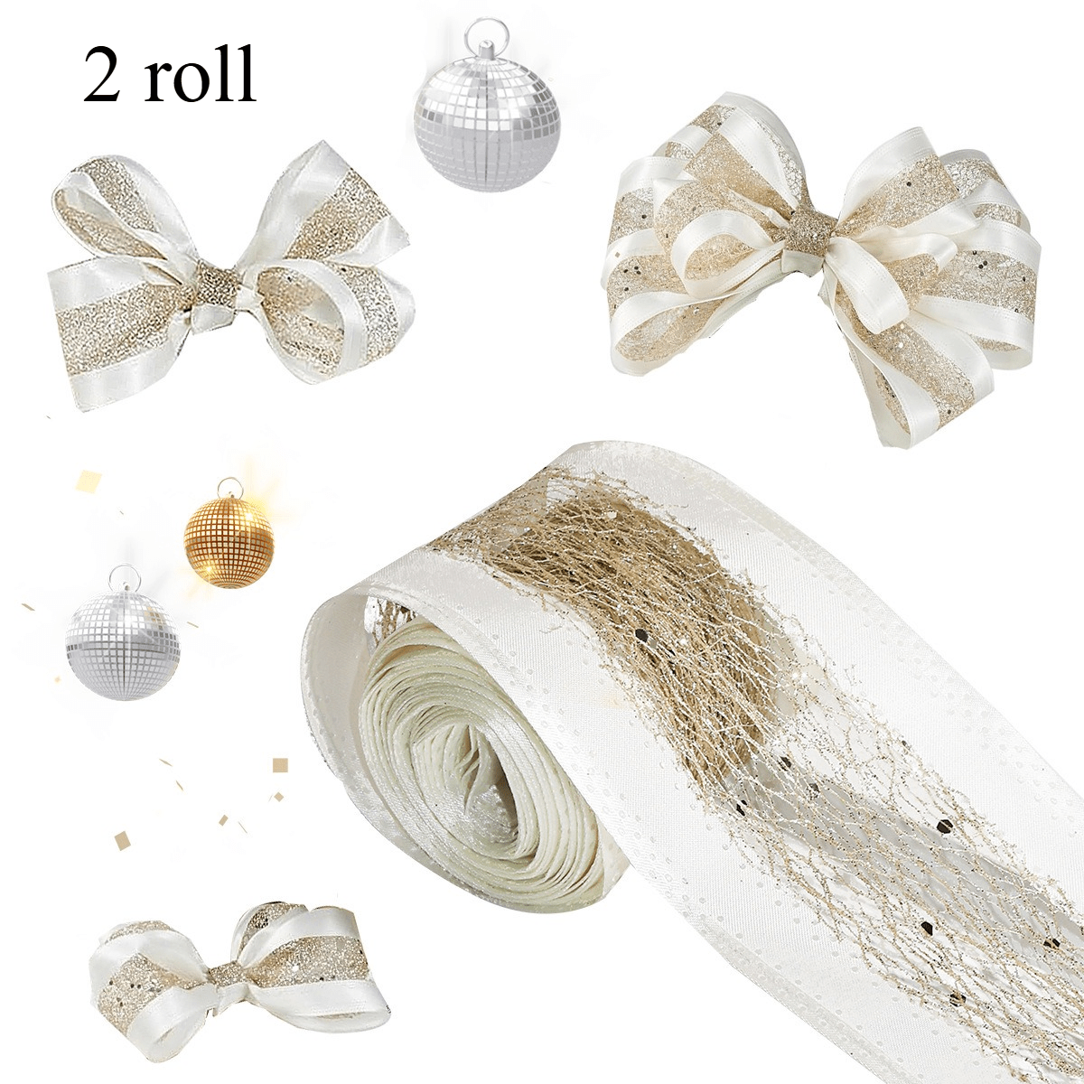TEMU 2 Rollen (4m Totaal) Glitterlint Geschikt voor Kerstboomversiering, Cadeauverpakking & Huwelijksbedankjes - Satijnen Gaasband met Glitter, Lange
