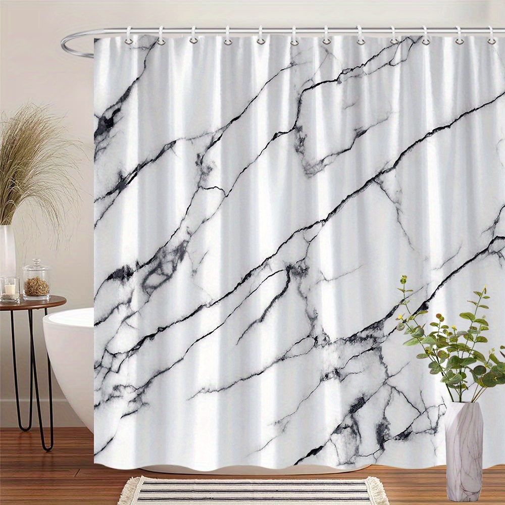 TEMU 1pc Elegant Marble Pattern Shower Curtain, White With Black Vein Accents, Luxurious Design, Machine Washable Polyester, Includes 12 Hooks, Ideal