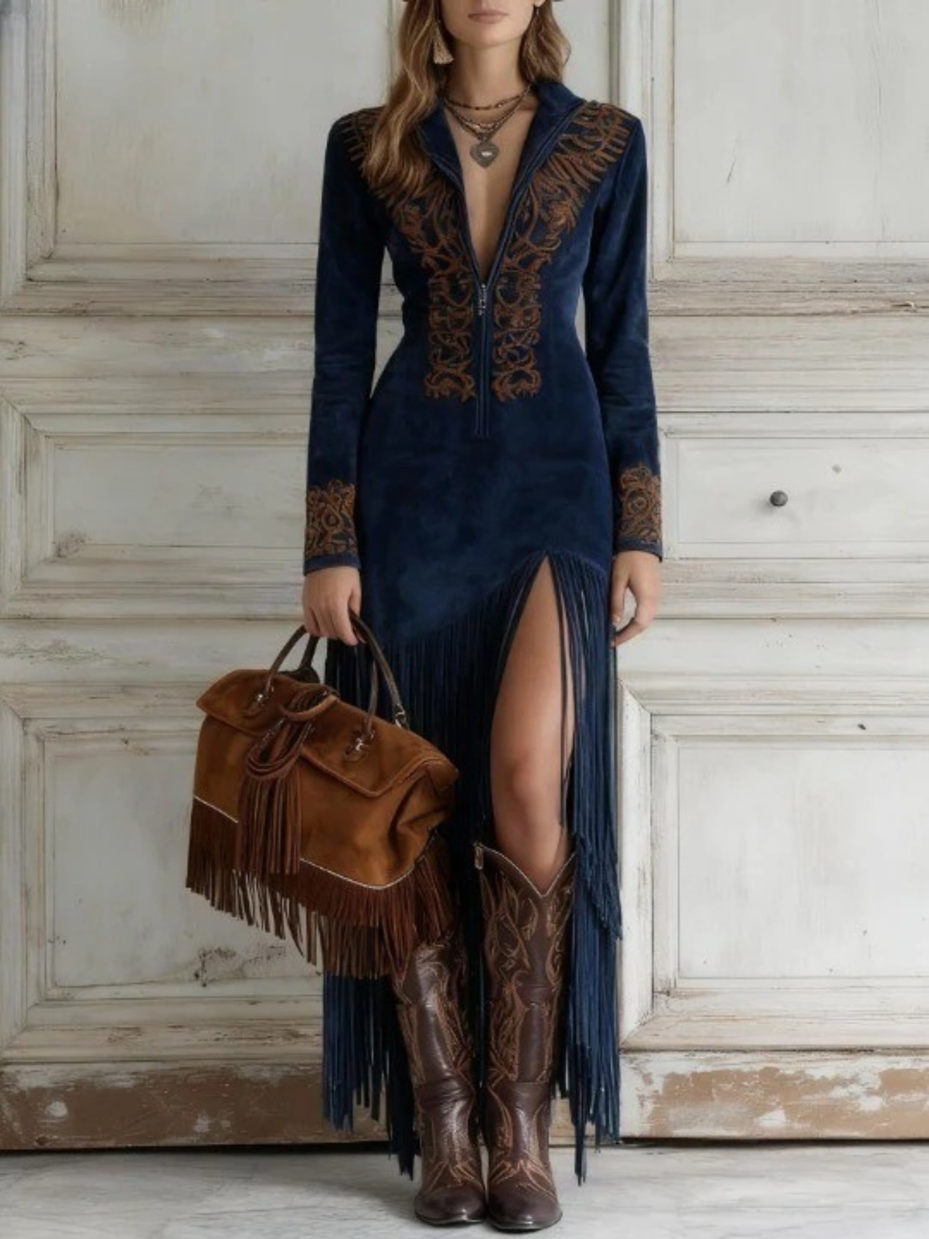 chinese dress ladies Broadway Stunner Leather Fringe Western Mini Dress Black / M main image 1