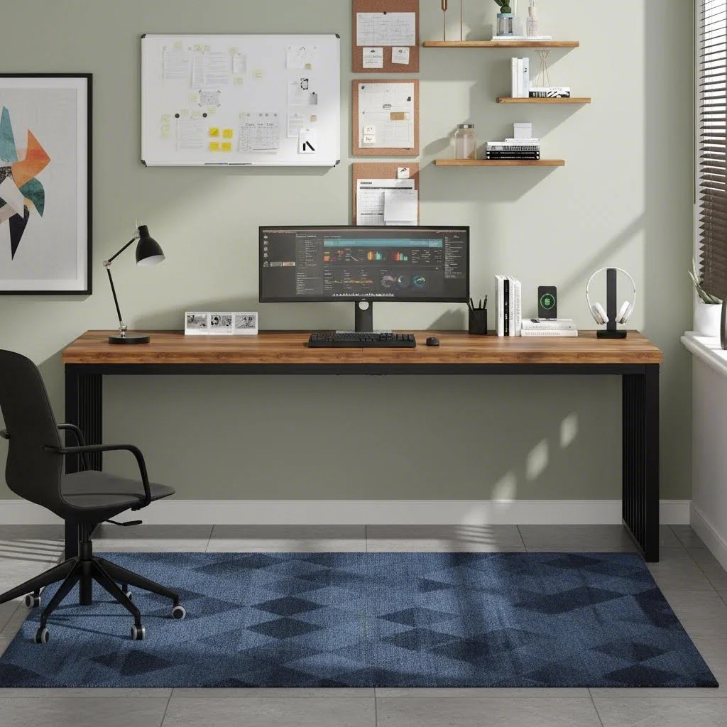 70 Inch Computer Desk Heavy Duty Metal Frame Office Workstation Large Study Table Brown (only Table 1pc)