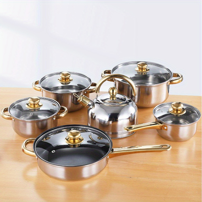 4 6pcs   stainless steel cookware set with golden handles versatile pots and pans collection including   and milk pot compatible with   stovetops details 0