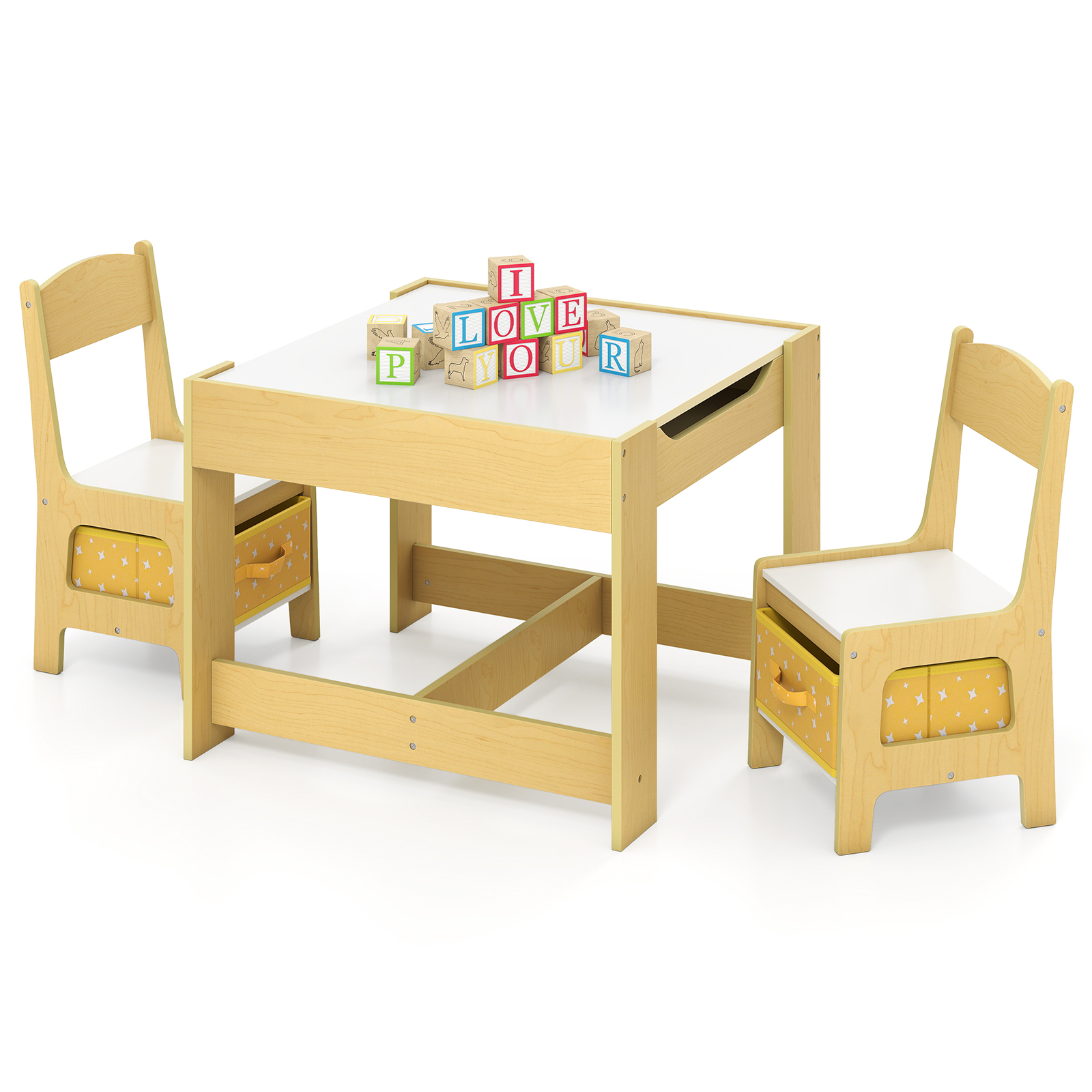 Image of Kids Art Table & Chair Set, Toddler Desk With 2 Chairs, Dual-sided Tabletop, 2 Fabric Bins, Hidden Storage