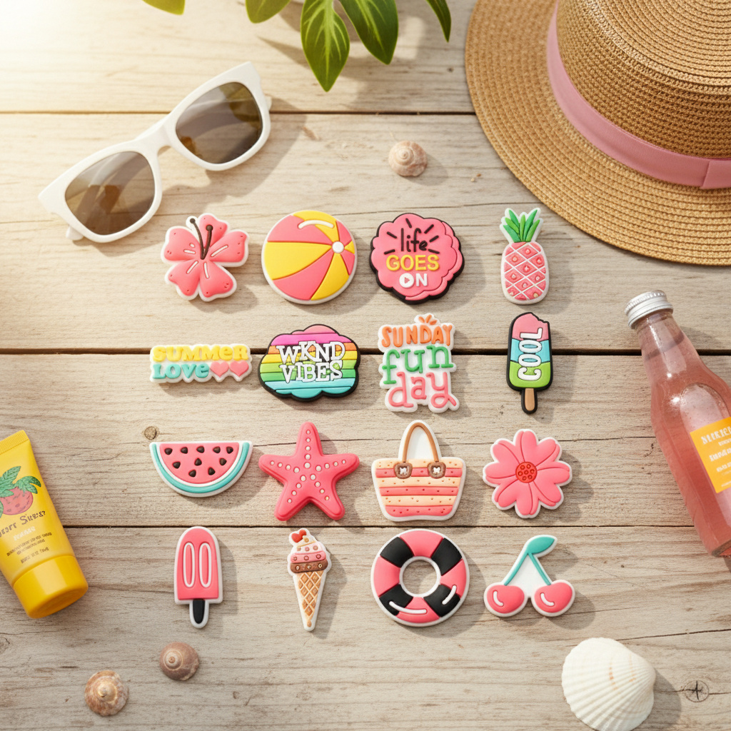 E-shop 16-teiliges Set Schuhanhänger aus weichem Gummi mit Sommer-Strand-Thema, niedliche rosa Frucht-Eiscreme-Anstecknadeln, kompatibel mit Sandalen,