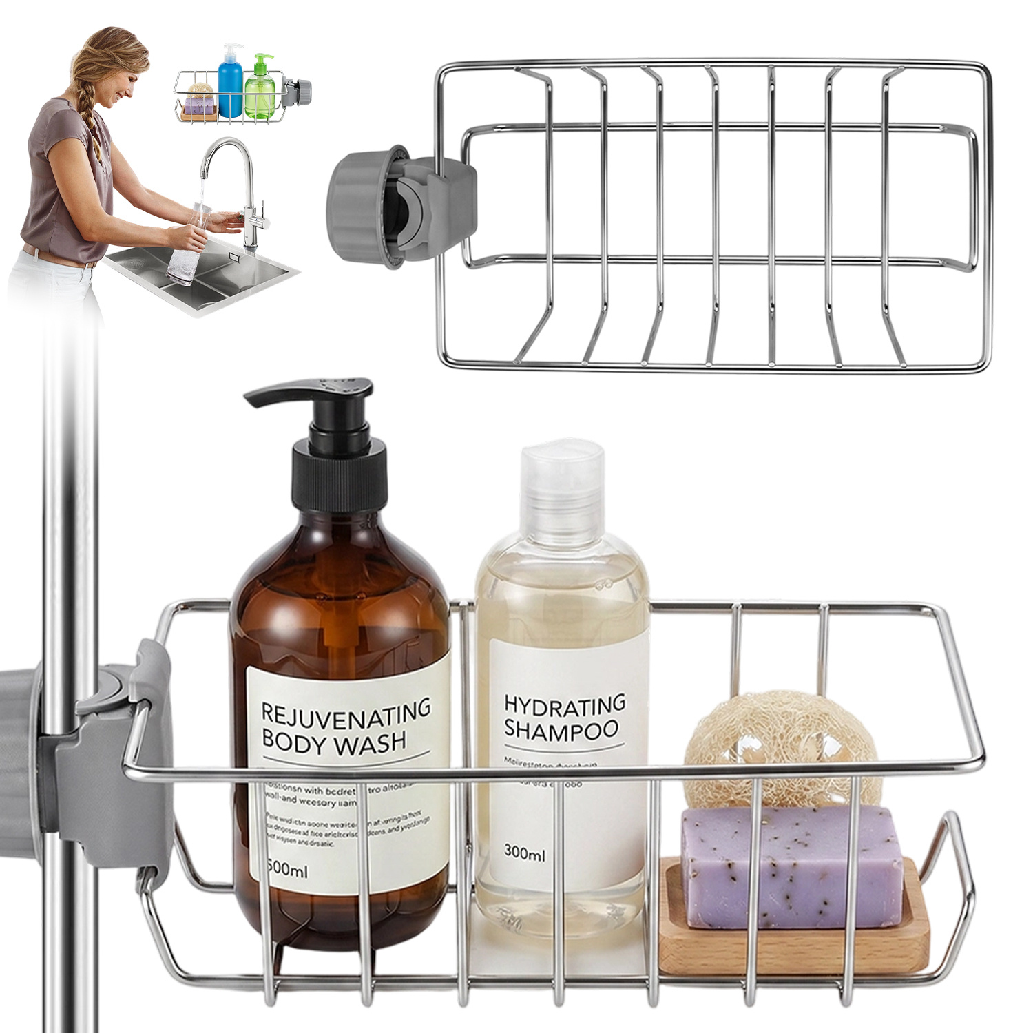 TEMU Stainless Steel Faucet Storage Racks 2-pack 360-degree Rotatable Rectangular Organizer Shelf For Kitchen Sink Bathroom Counter Washing Supplies