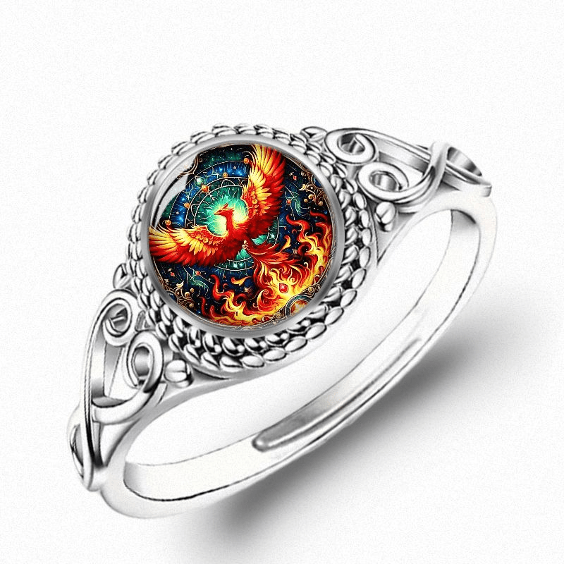 Image of Phoenix Ring For Women Men - Silvery Celtic Knotwork Band With Oval Mythical Bird Flame Art Pendant, Vibrant Colorful Fantasy Jewelry Gift For Birthday Anniversary Valentine's Day