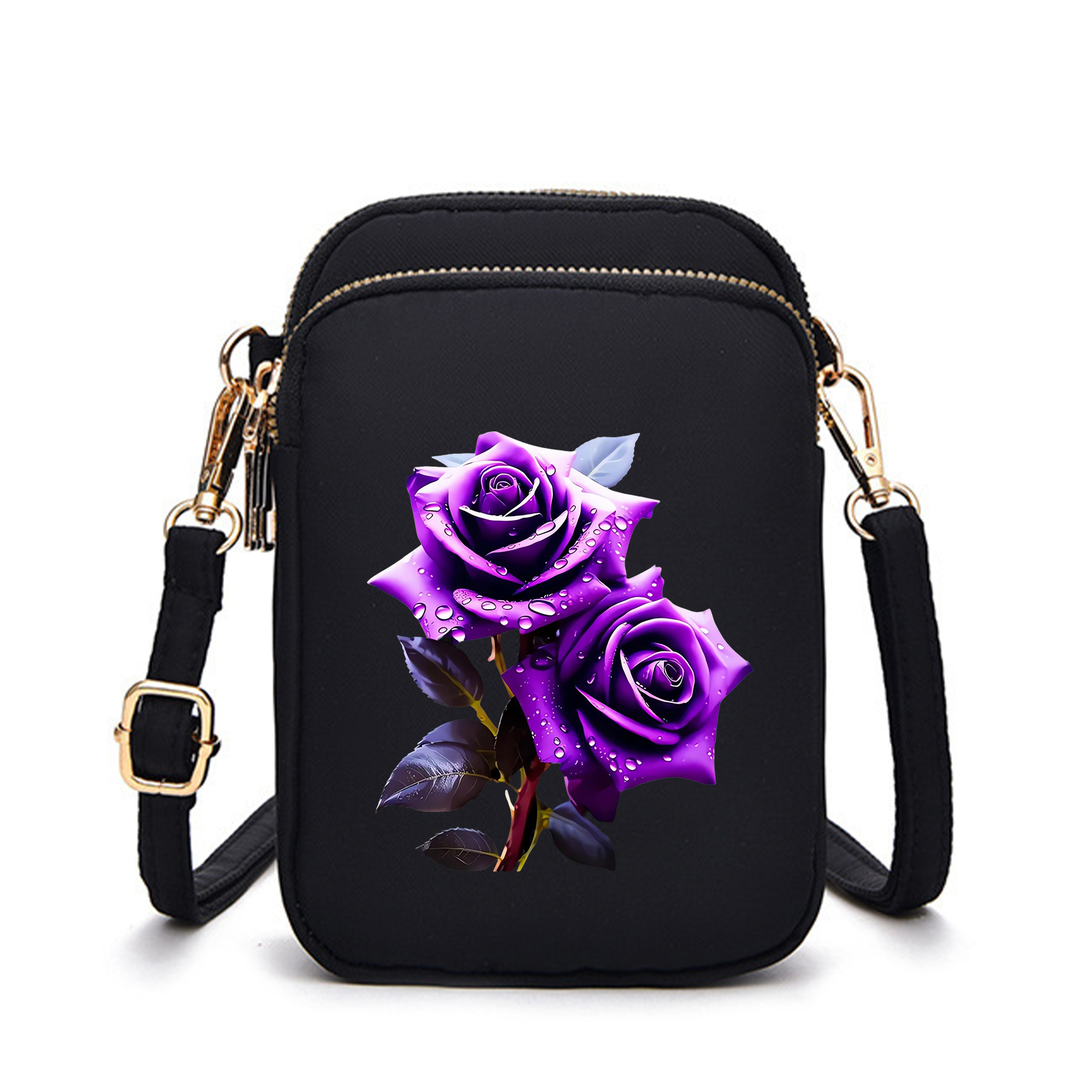 TEMU Mini Multi-pocket Crossbody Bag With Gold-tone Accents And Earphone Jack | Adjustable Strap, Golden Zippers, Black And Purple, Suitable For