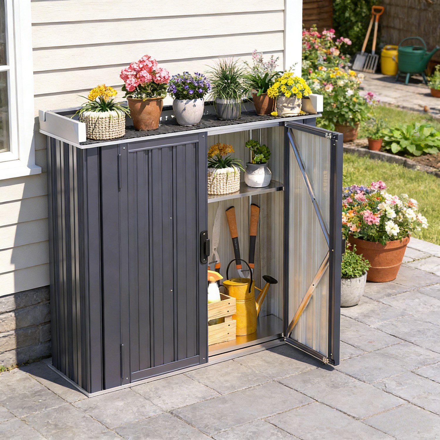 Image of Removable Cabinet With A Planting Table, 97 X 34 X 93 Cm Workbench Featuring Adjustable Shelves, Metal Outdoor Garden Storage Shed Suitable For Gardening Tools, In Gray