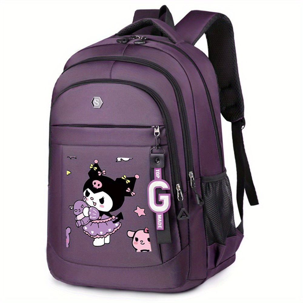 TEMU 1pc Kuromi Backpack - Large Capacity School Backpack With Kuromi & Pink Characters, Multiple Compartments, Side Pockets - Durable Polyester