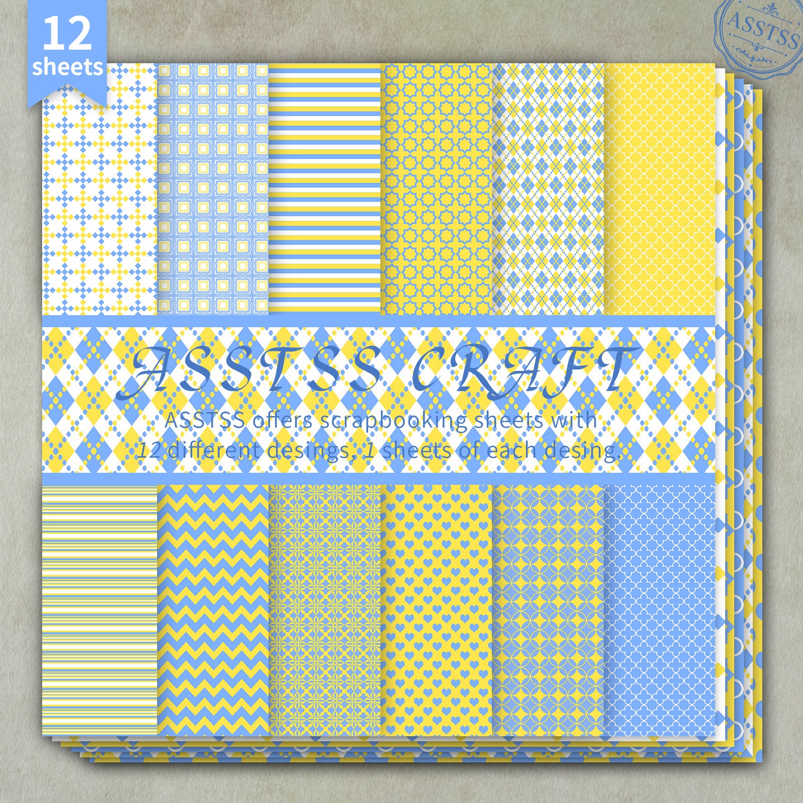 TEMU 12-sheet Asstss Heavyweight Scrapbooking Paper Pad Suitable For Journaling, Collage Art & Crafts - 6"x6" Cardstock With Light Blue & , Heart