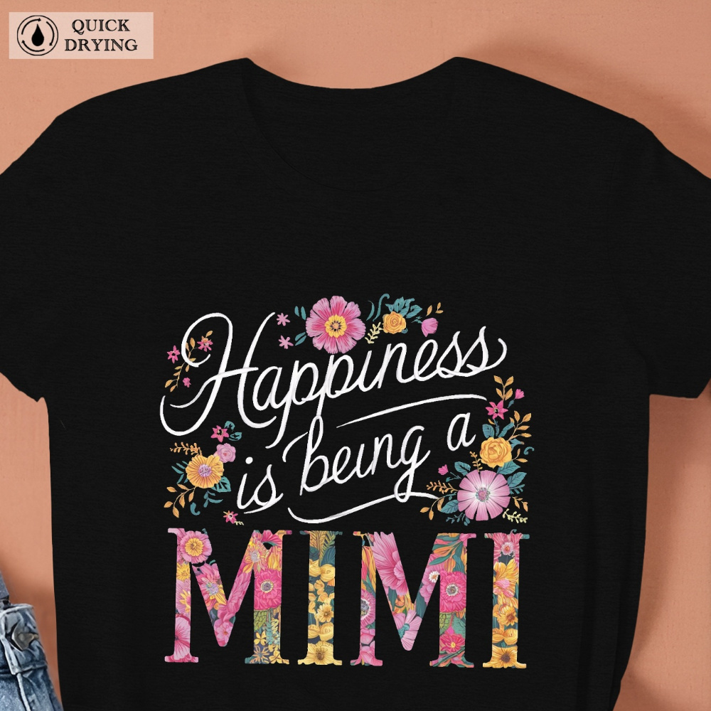 

Mimi Floral Women' Short Sleeve T-shirt - Black With Vibrant Floral Lettering, Knitted Spandex/polyester Blend, Casual Crew Neck, Machine Washable, Regular Fit, Casual Attire, Ladies T Shirts