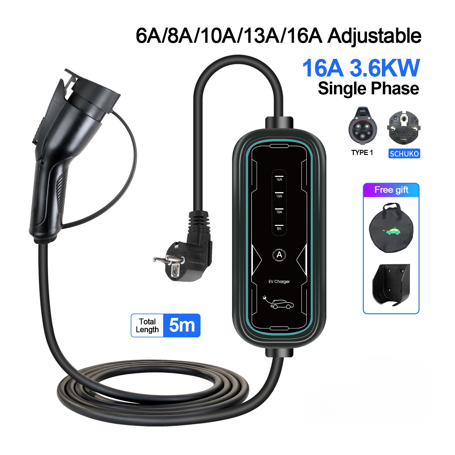նյութի նկարը   մոբայլ ev լիցքավորիչ 16a 3.5kw type 1 iec-62169   լիցքավորում էլեկտրական հիբրիդային մեքենաների համար, մալուխի ընդհանուր երկարությունը՝ 5m, առանց մարտկոցի