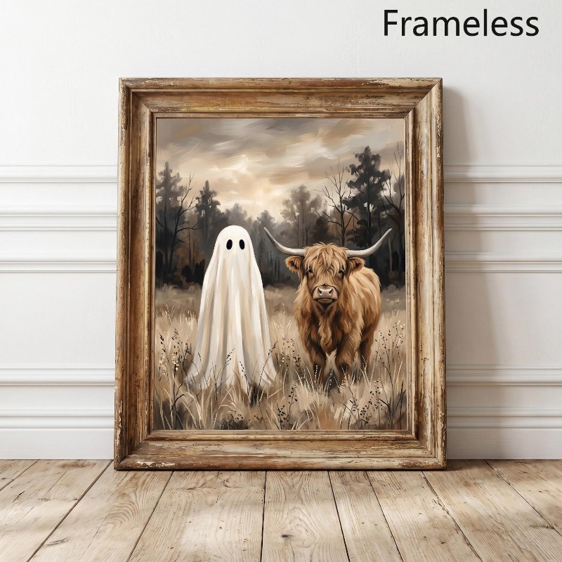 TEMU 2D Plat, 2D Plat 1pc et Vache Highland, Décoration d'Halloween, Impression d'Automne Atmosphérique de Ferme, Salon Vintage Effrayant, Chambre à
