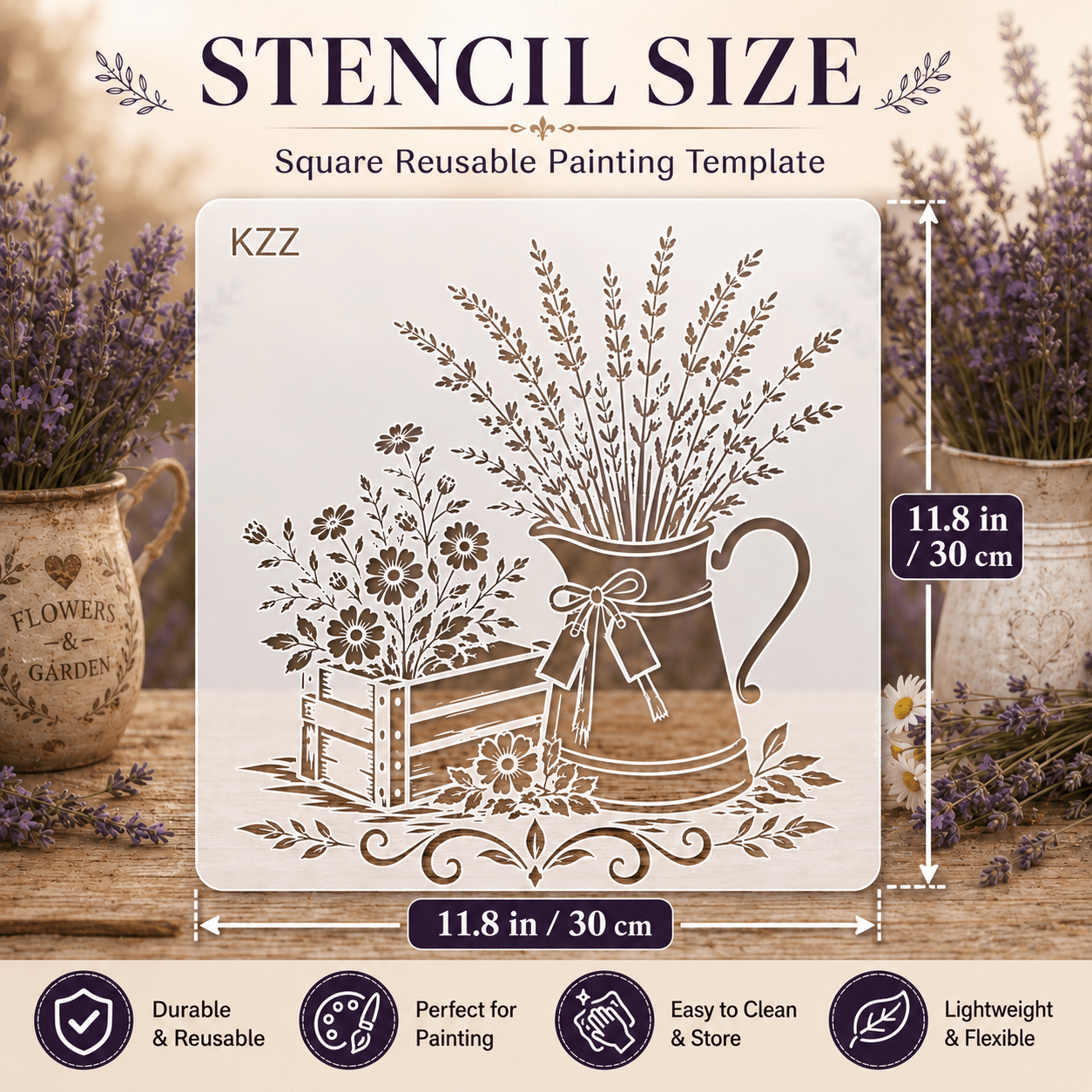 TEMU Plantilla grande de KZZ para jarra, plantilla de pintura detallada reutilizable para paredes, tela, , muebles y decoración rústica para el hogar