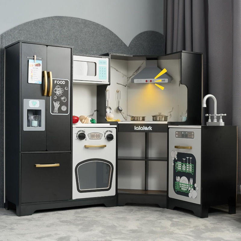 TEMU Syncfun Wooden For Playset With Fake Food Toys, Real Lights & Sounds, Double-door Fridge, Ice Maker & Cookware Accessories, Play Kitchen Set For