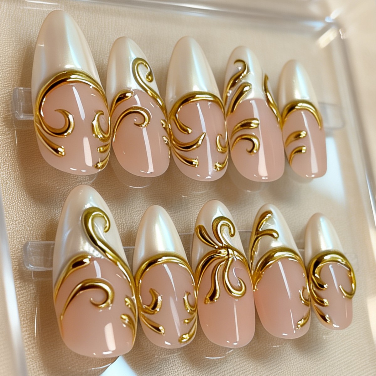 TEMU 10pcs 3d Relief Gold-plated Nude French Press-on Nails Medium Length Almond Shape Glossy Fake Nails Removable False Nails Press-on Nails For