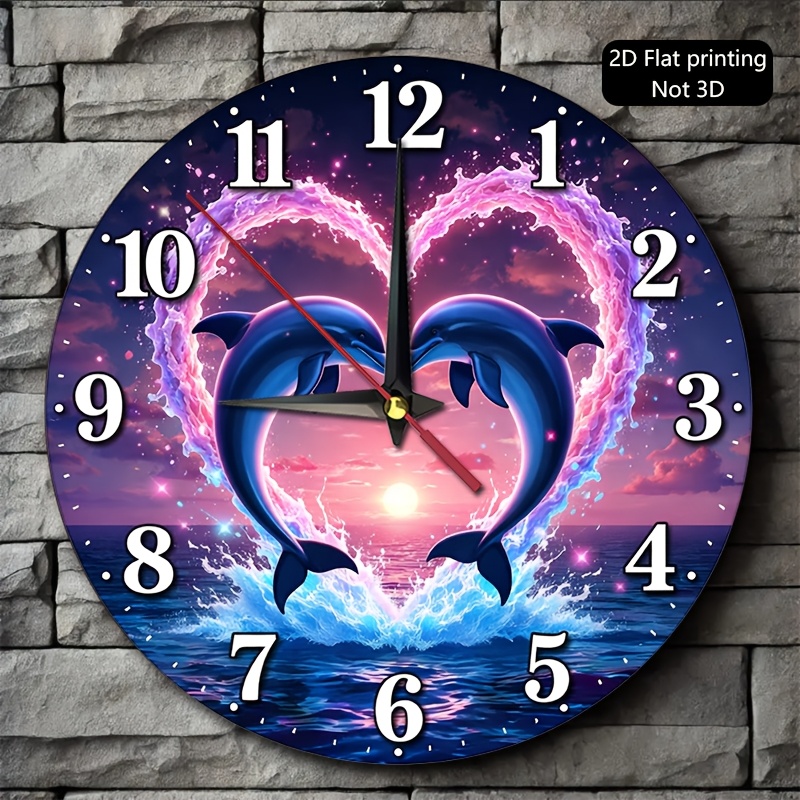 TEMU 1pc, 2d Flat Wall Clock, Dolphin , Luminous Waves, Sunset Ocean, Living Room, Bedroom, Office, Cafe, Hotel, Lounge Decor